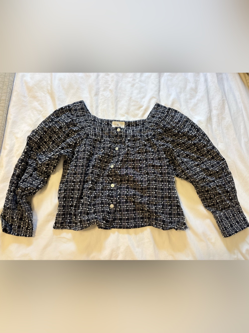 Lou & Grey Black and White Plaid Button-Front Puff Sleeve Top